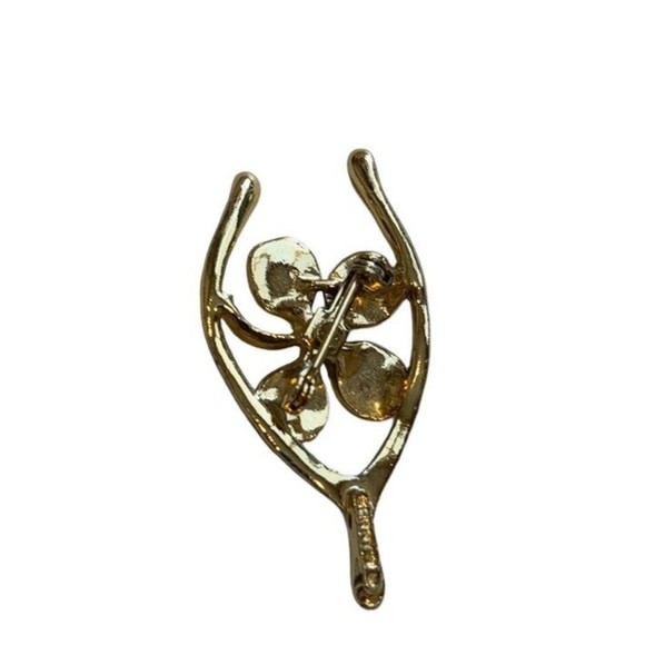 Gerry's signed Green Enamel 4 Leaf Clover Faux Pearl Wishbone Brooch Luck - Picture 2 of 3